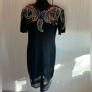 Rare Vintage 1980's Black Silk Sequin Beaded Dress w/ multi colour detail Large‎